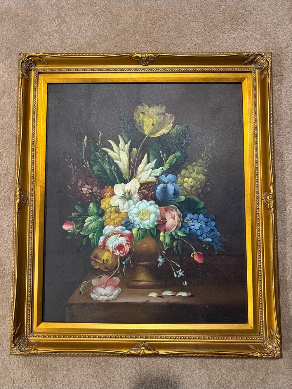 Large Framed Floral Oil-Style Still Life Canvas Painting in Gold Frame 25” x 29”